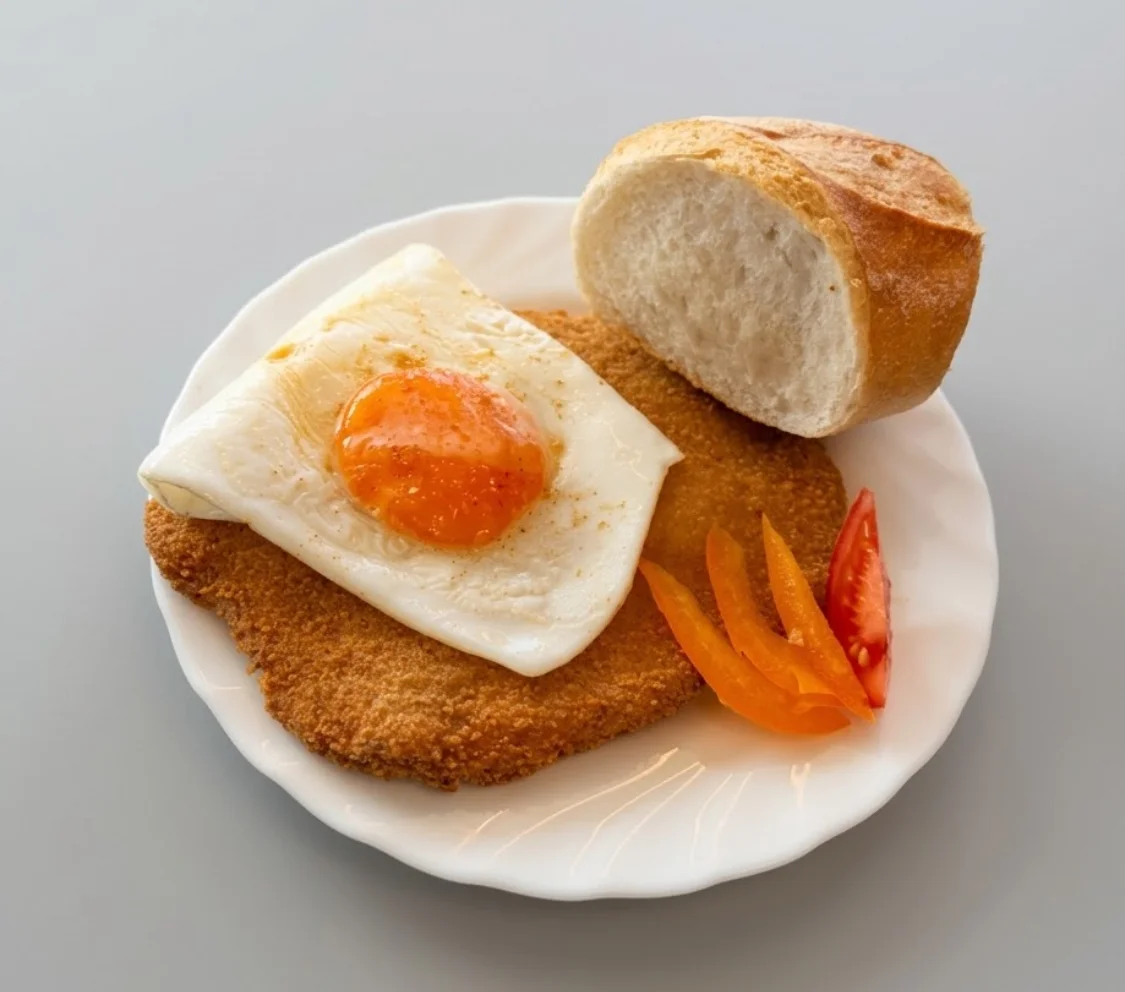 Schweineschnitzel mit Spiegelei und Brötchen