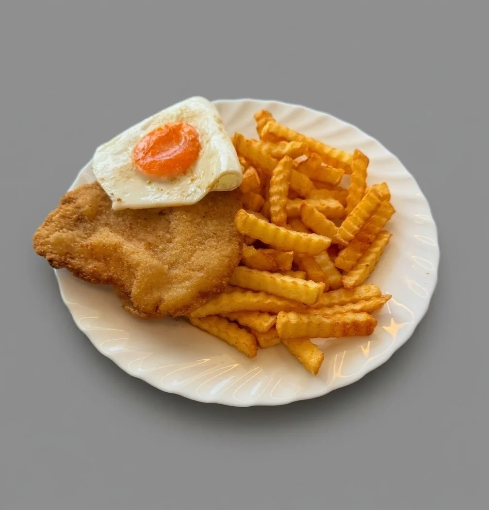 Schweineschnitzel mit Spiegelei und Pommes