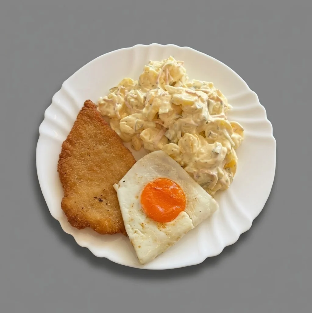 Putenschnitzel mit Spiegelei und Kartoffelsalat